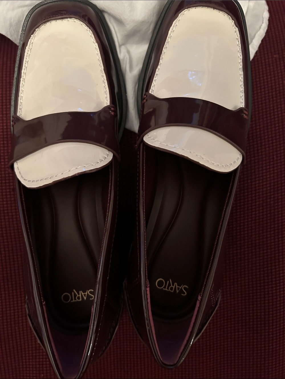 Franco Sarto Burgundy and White Patent Loafers